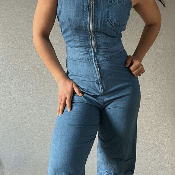 vtg 90s light blue cotton overalls onepiece zip‎ up summer romper boho small - Picture 9 of 9